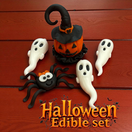 Halloween-themed edible set with pumpkin, ghosts, and spider on a wooden background.